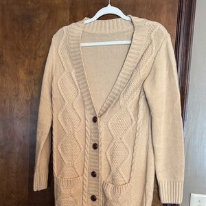 Classic Cable Knit Long Cardigan Sweater - Beige